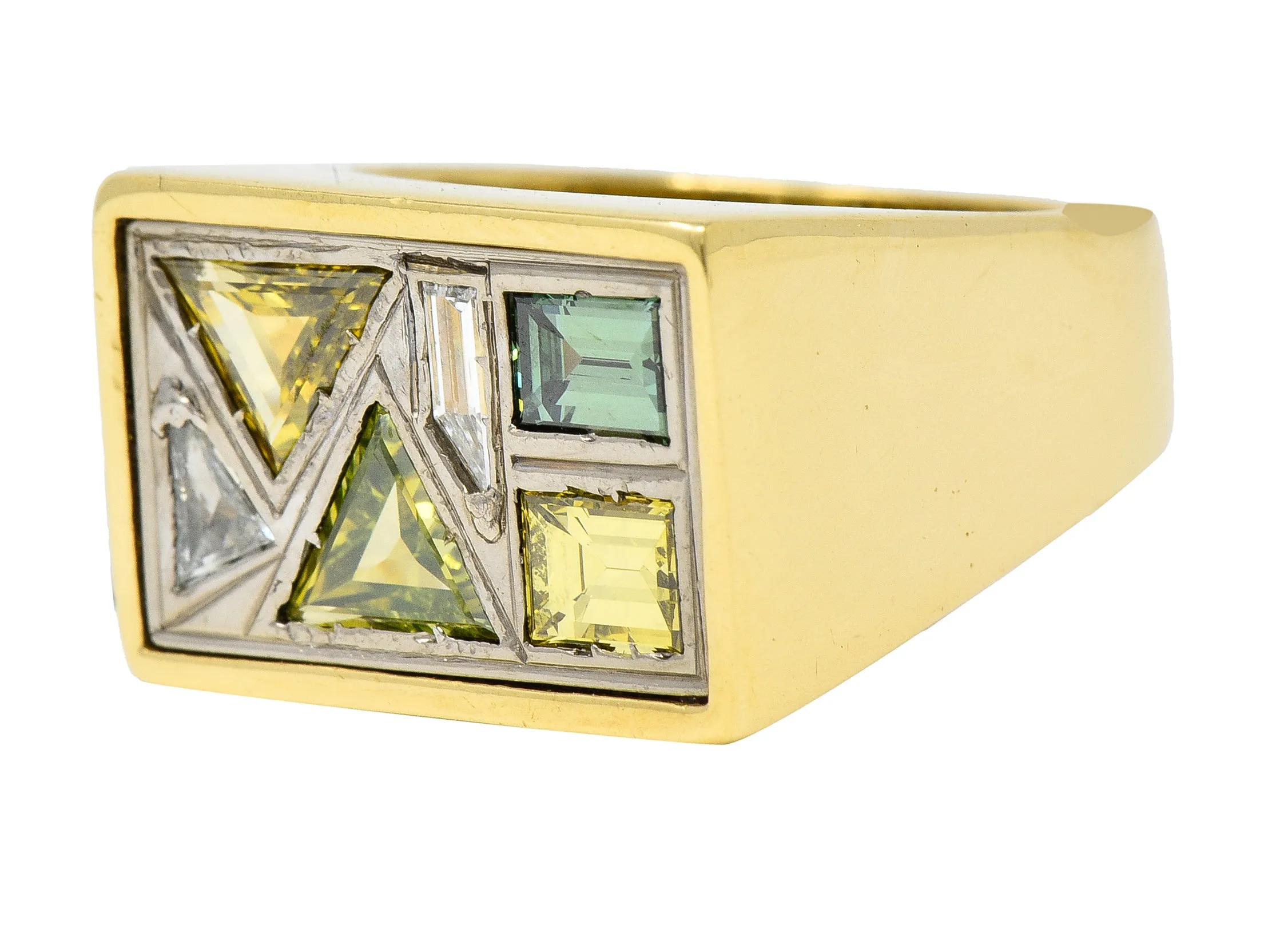 Modernist 2.84 CTW Fancy Diamond 18 Karat Two-Tone Gold Geometric Inlay Vintage Cluster Unisex Ring