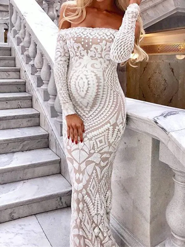 Momnfancy Bodycon Off Shoulder White Print Formal Long Sleeve Maternity Maxi Dress