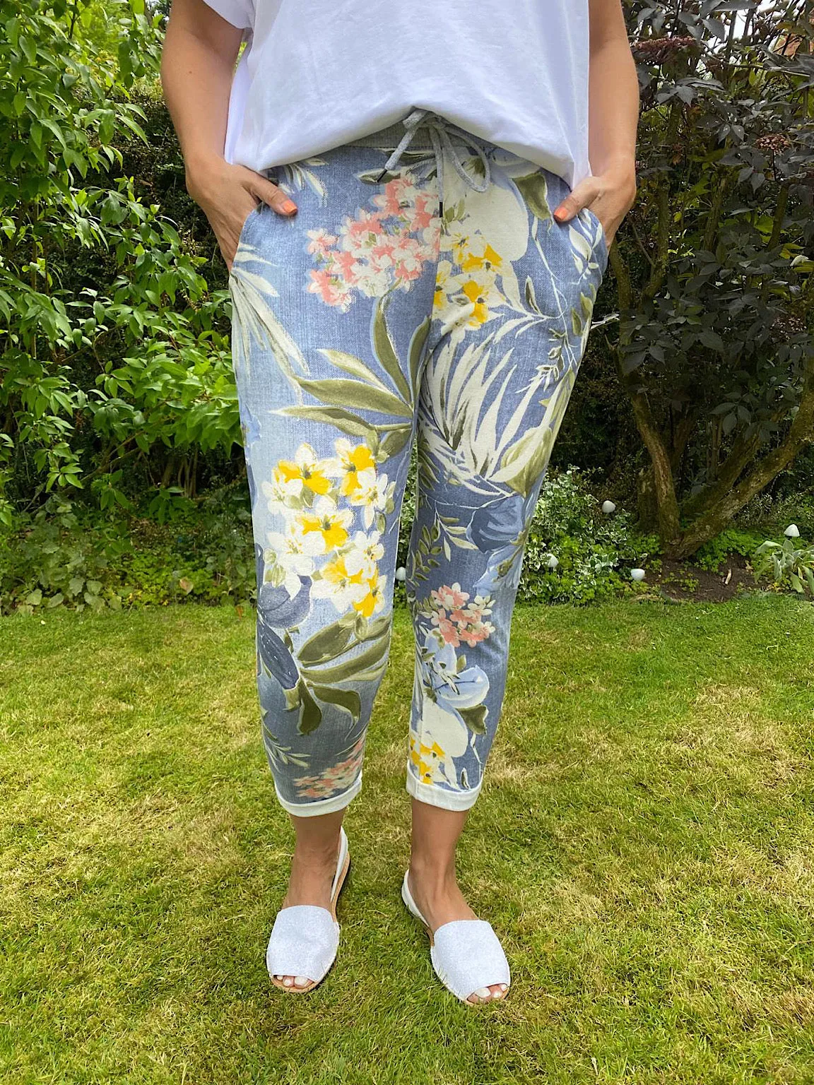 Printed Tropical Light Denim Joggers