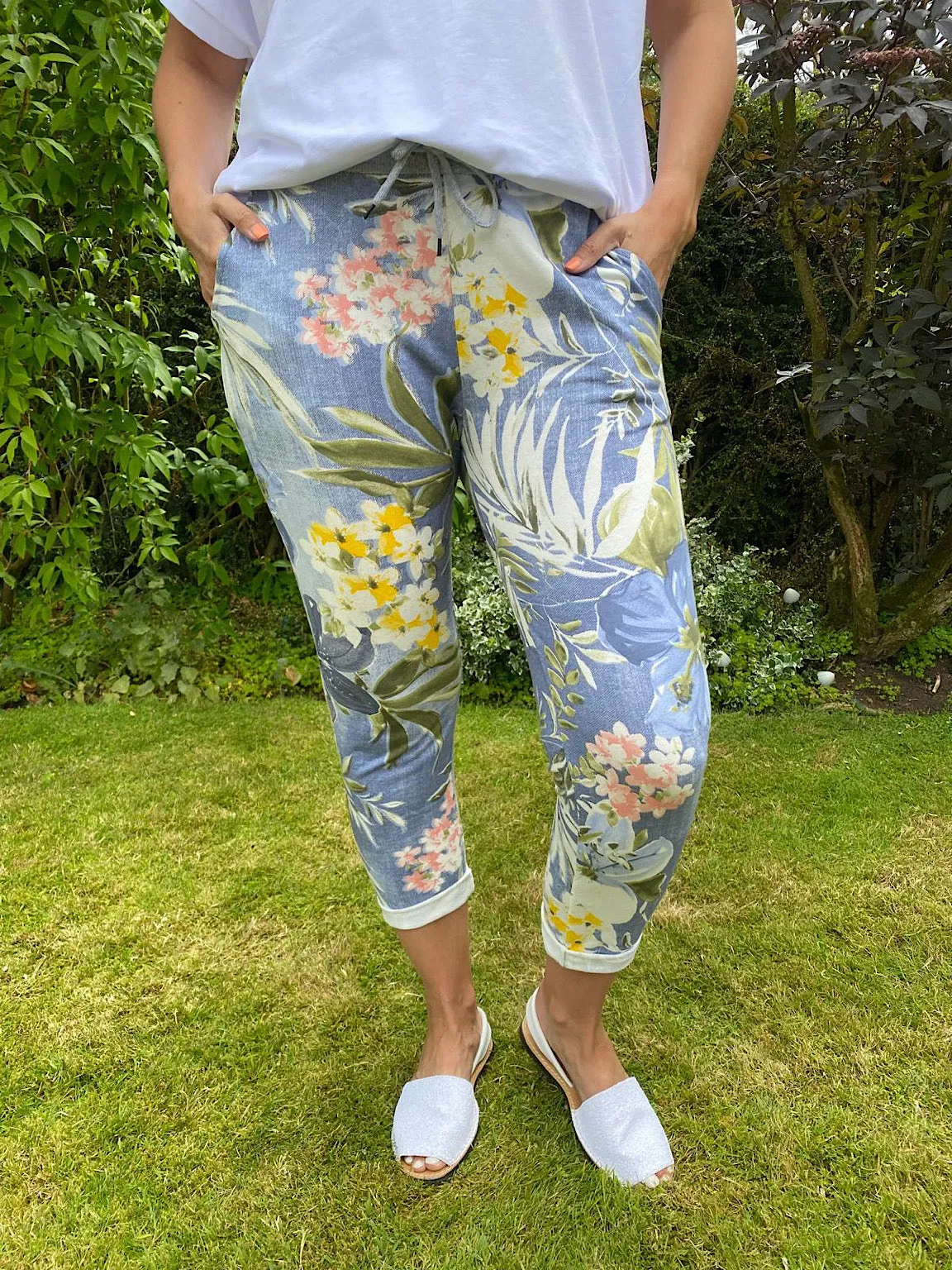 Printed Tropical Light Denim Joggers