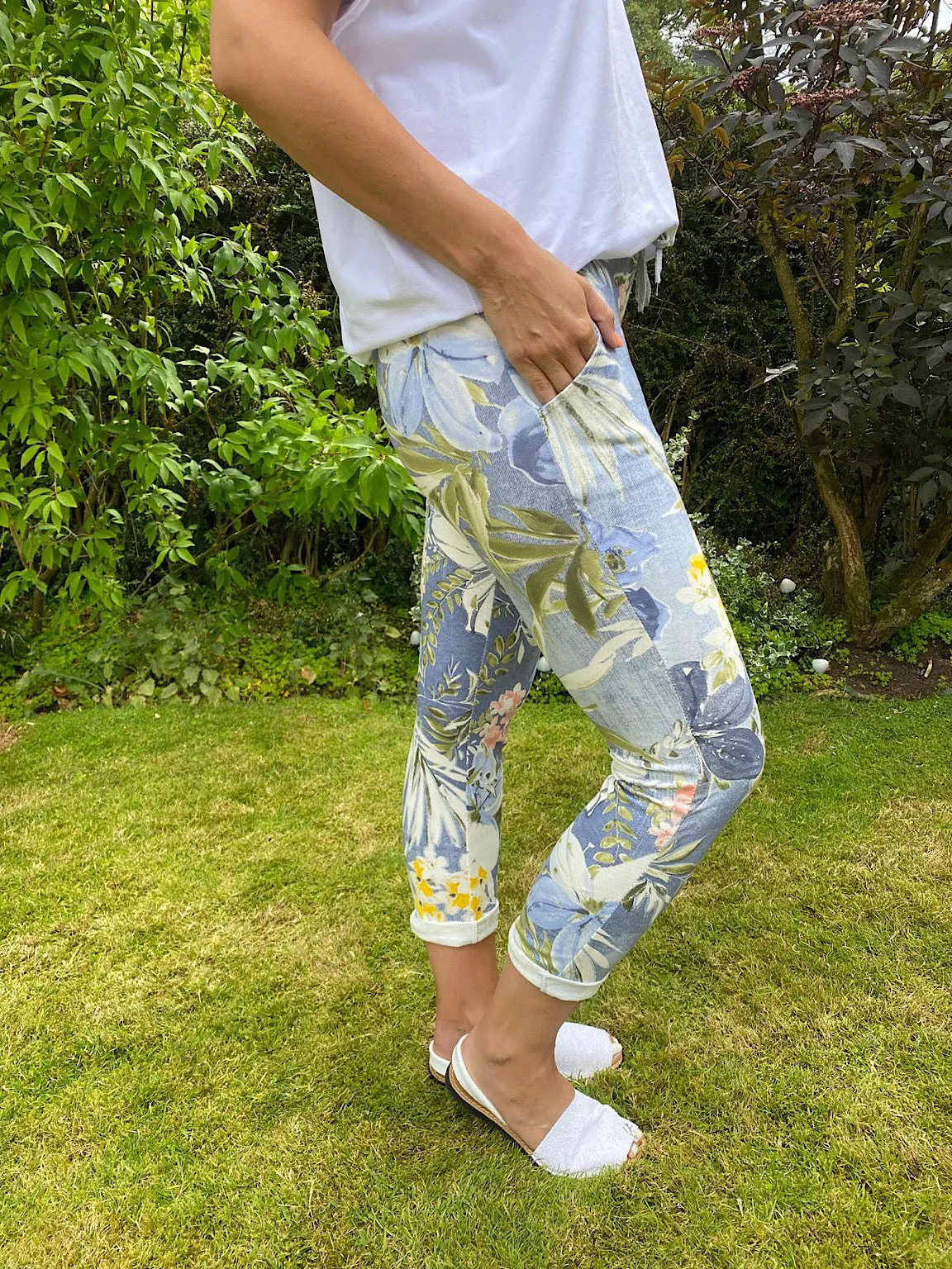 Printed Tropical Light Denim Joggers