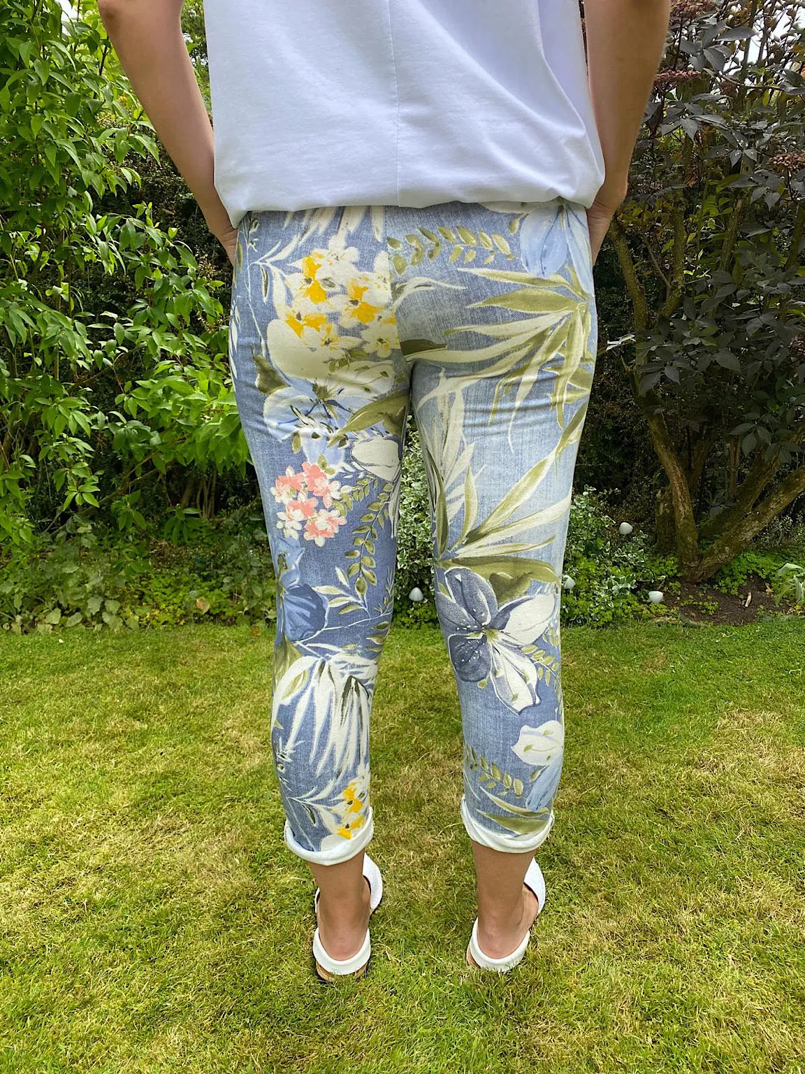 Printed Tropical Light Denim Joggers