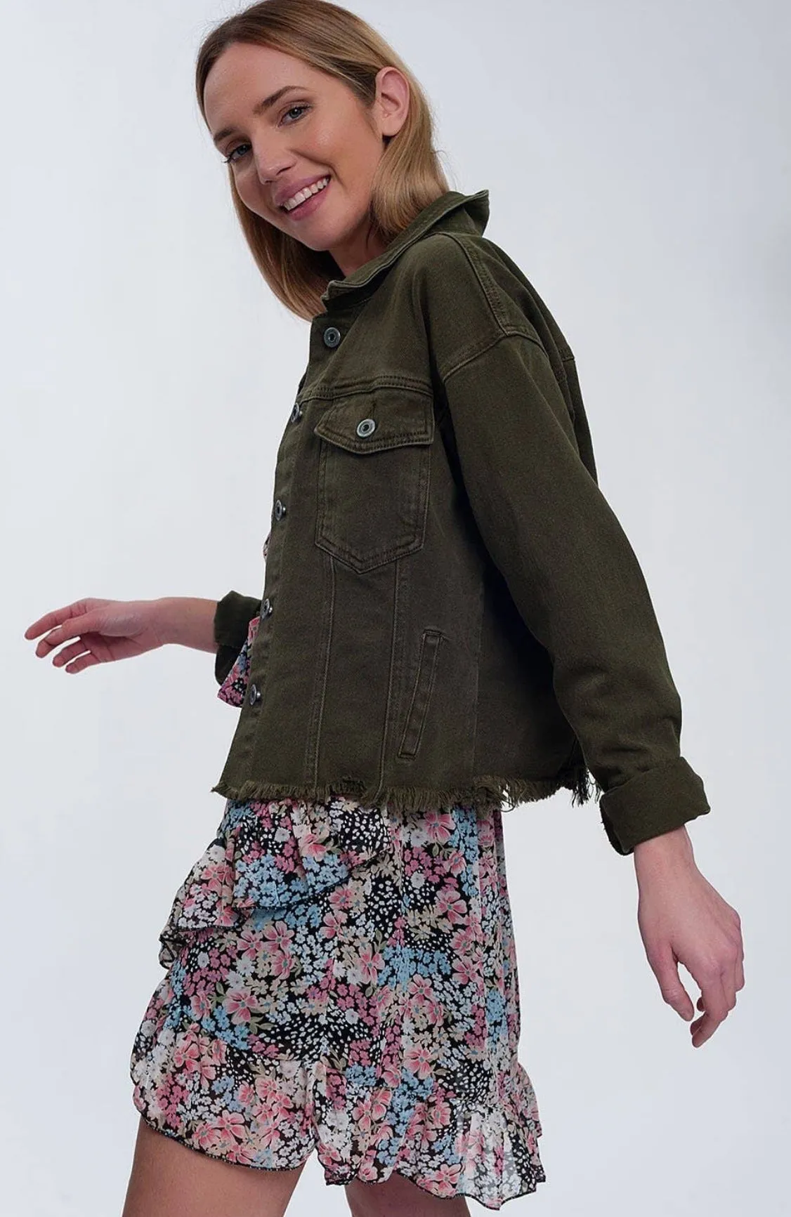 Q2 Raw Hem Olive Denim Jacket