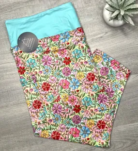 Rainbow Floral Print Capri Soft Leggings w/ Pockets