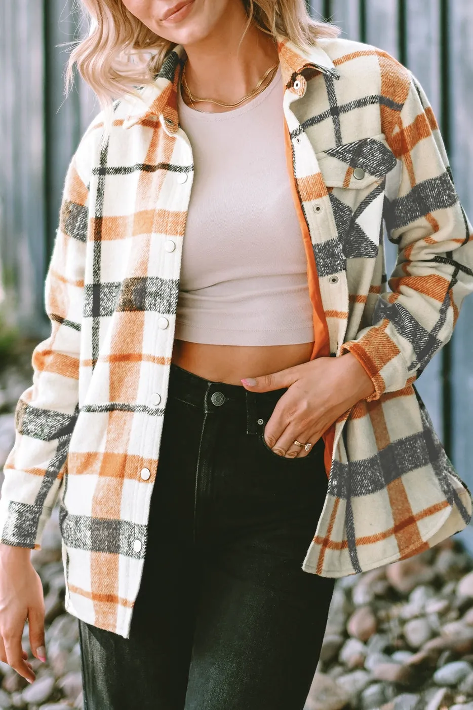 Shiying Orange Plaid Print Turn Down Collar Buttoned Shacket