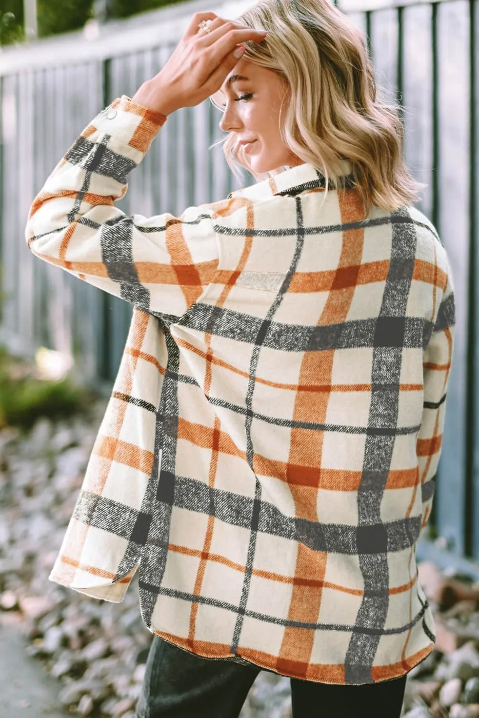 Shiying Orange Plaid Print Turn Down Collar Buttoned Shacket