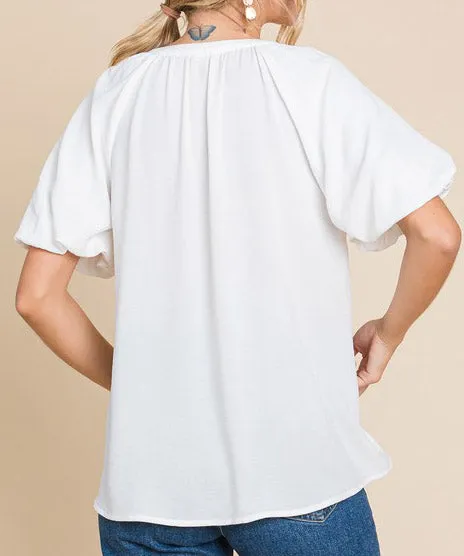 Short Sleeve Puff Sleeve Top - Off White