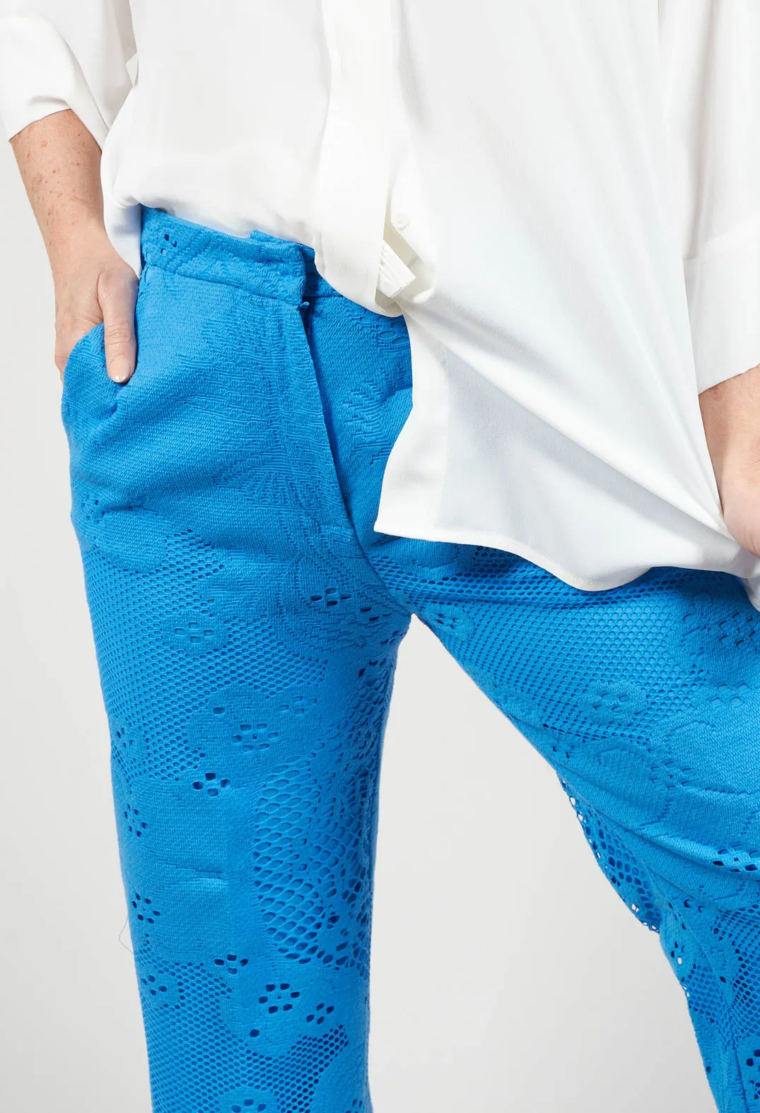 Straight Leg Trousers with Lace Detail in Supersonic Blue