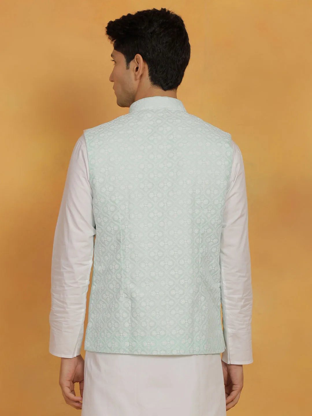 VASTRAMAY Men's Green Cotton Nehru Jacket