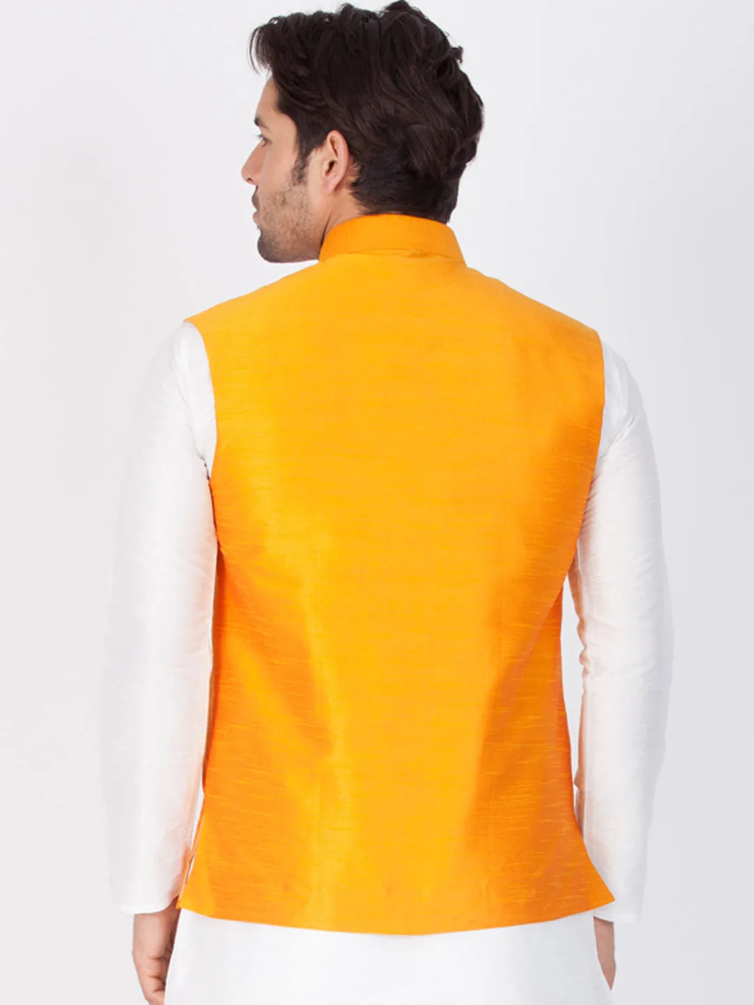 VASTRAMAY Men's Orange Cotton Silk Blend Ethnic Jacket