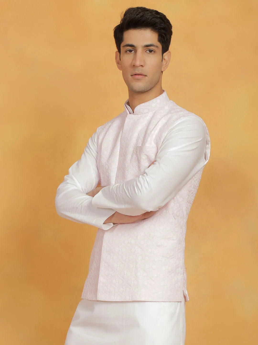 VASTRAMAY Men's Pink Cotton Nehru Jacket