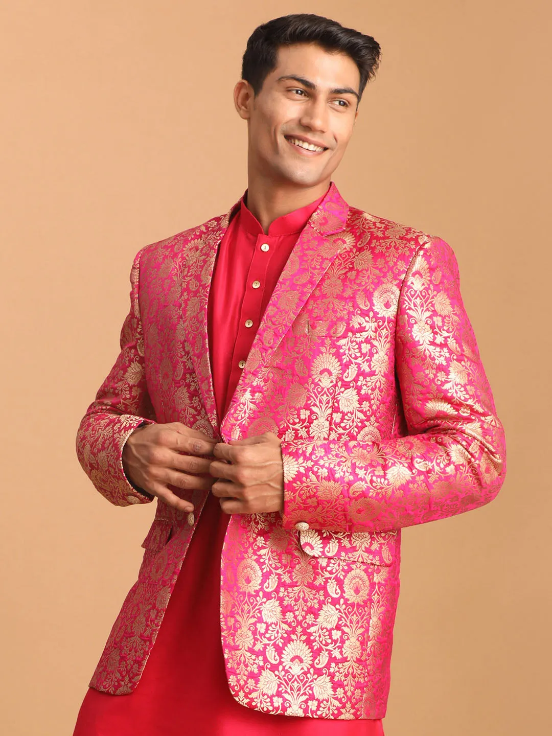 Vastramay Men's Valentino Pink Jacquard Silk Blend Blend Blazer