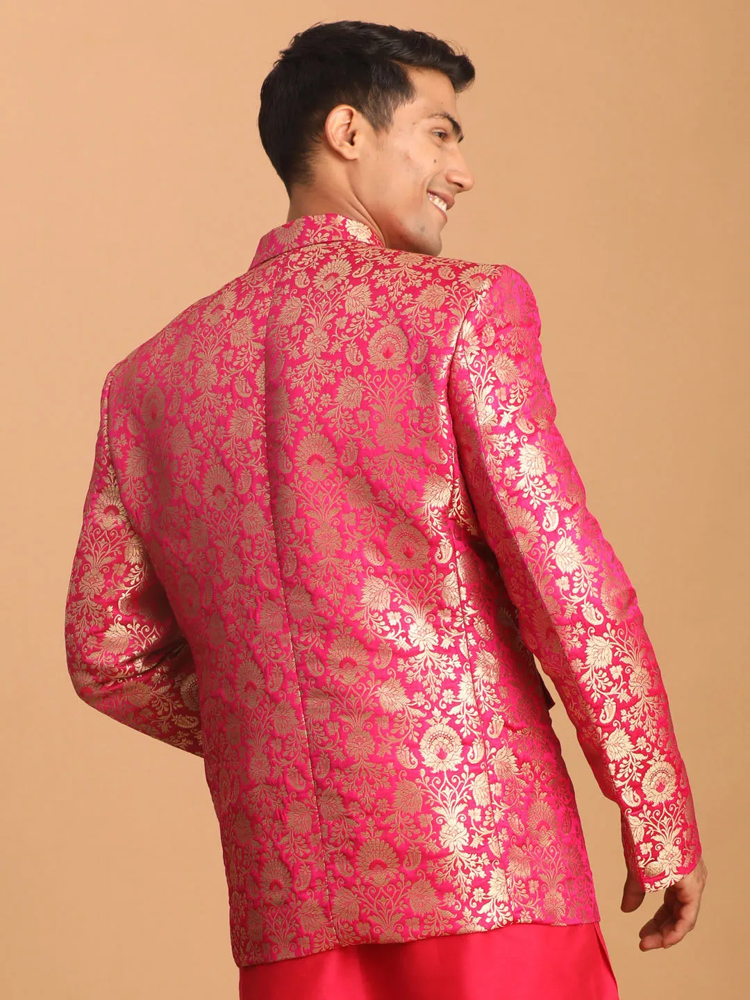 Vastramay Men's Valentino Pink Jacquard Silk Blend Blend Blazer