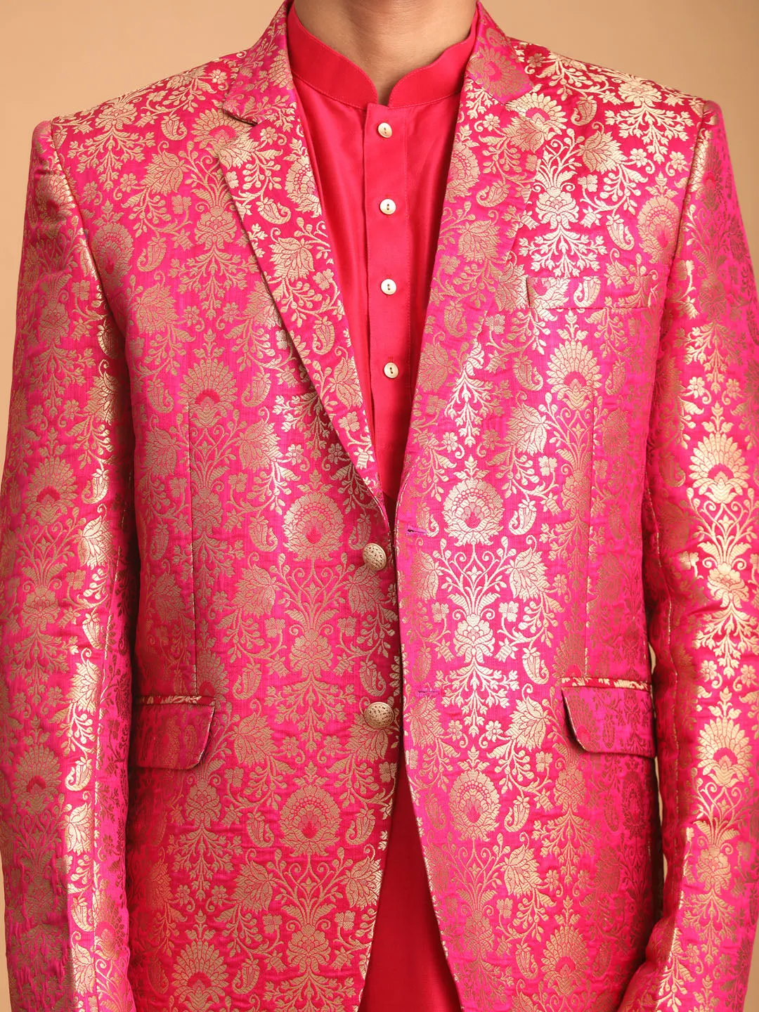 Vastramay Men's Valentino Pink Jacquard Silk Blend Blend Blazer