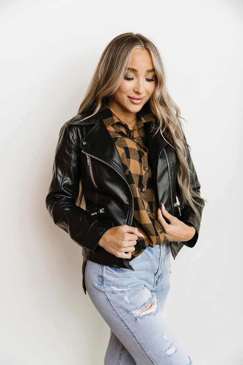 Vegan Leather Moto Jacket- Black