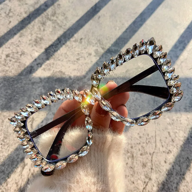 Women's Handmade Luxury Crystal Classic Oversize Square Sunglasses