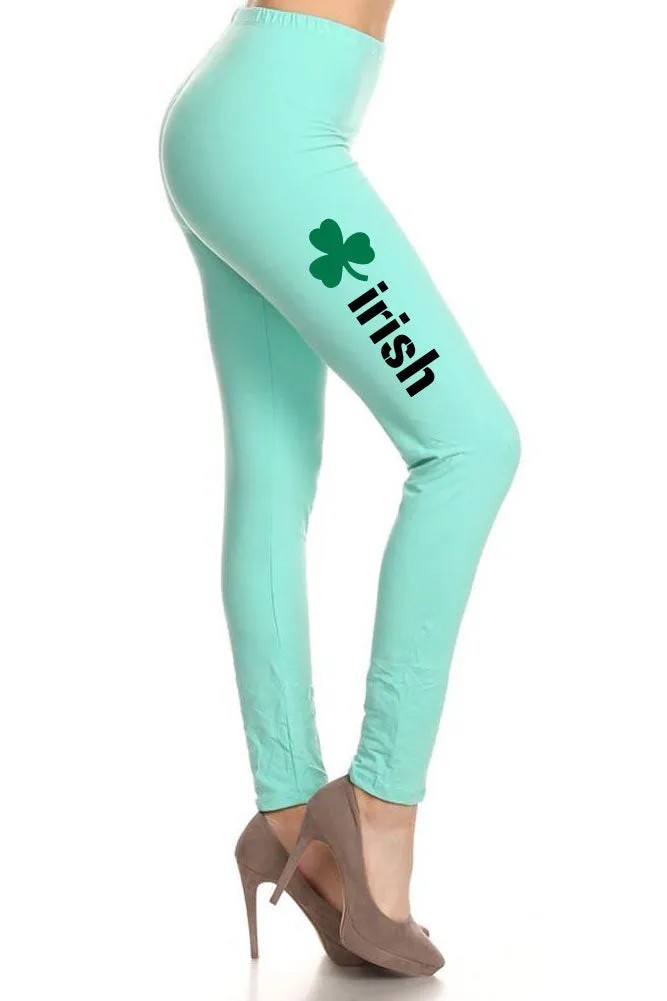 Women's Irish Word with Green Clover Design Printed Leggings for Regular Plus 3X5X