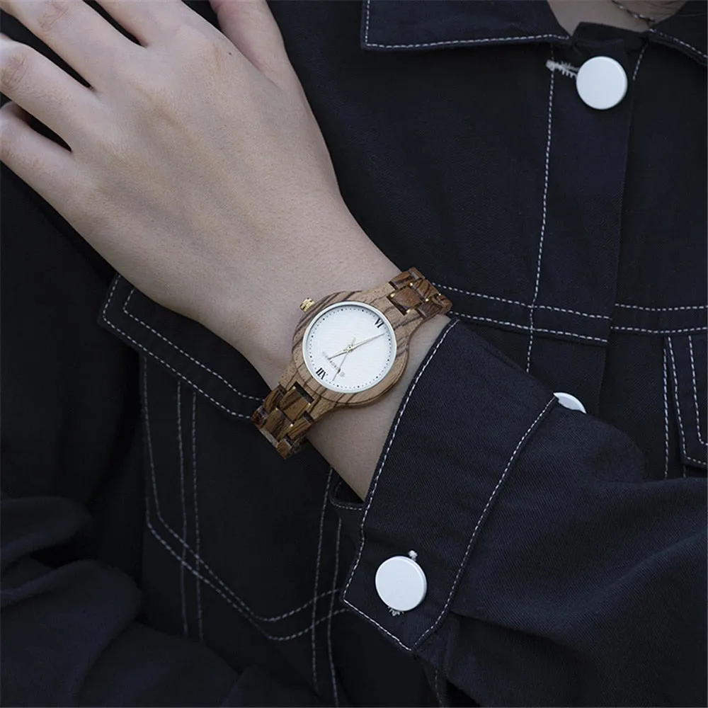 Women's Japanese Quartz Movement Buckle Clasp Wooden Wristwatch