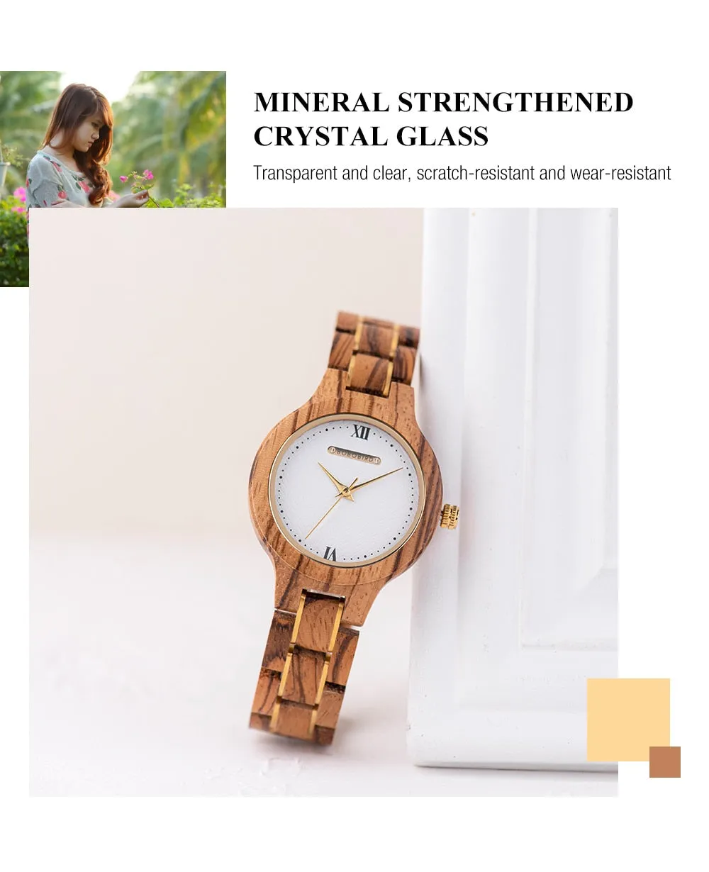 Women's Japanese Quartz Movement Buckle Clasp Wooden Wristwatch