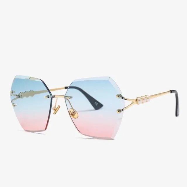 Women's Luxury Shades Metal Rimless Pearl Sunglasses for Driving