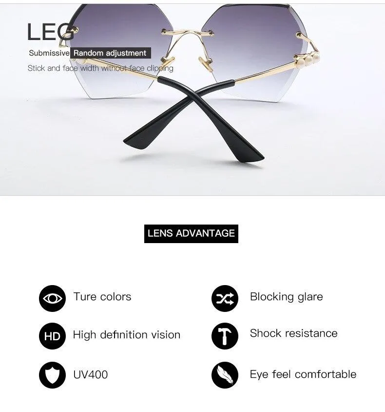 Women's Luxury Shades Metal Rimless Pearl Sunglasses for Driving