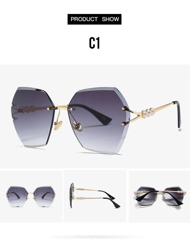 Women's Luxury Shades Metal Rimless Pearl Sunglasses for Driving