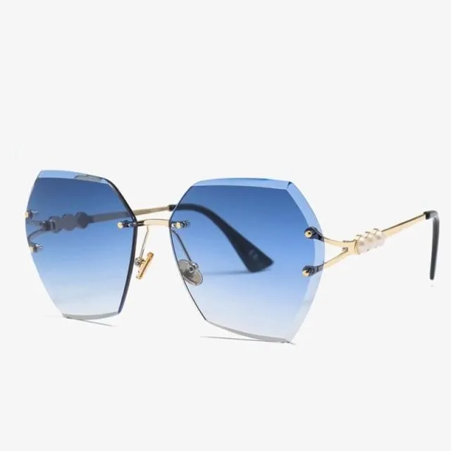 Women's Luxury Shades Metal Rimless Pearl Sunglasses for Driving