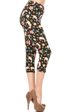 Women's Plus colorful Bunnies Flowers Printed Cropped Capri Leggings