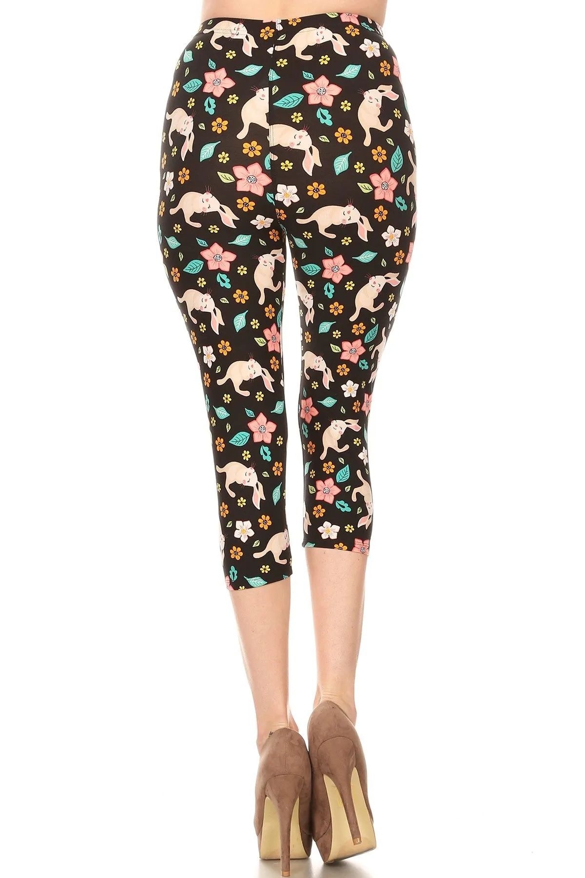 Women's Plus colorful Bunnies Flowers Printed Cropped Capri Leggings