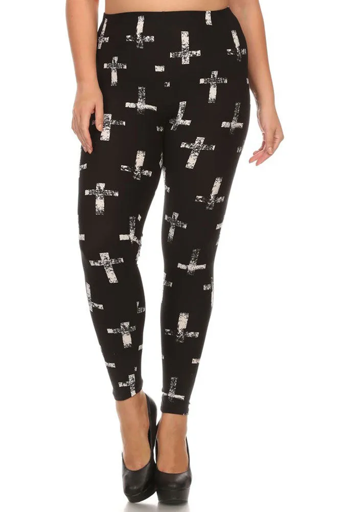 Women's Plus Faded Christian Cross Pattern Print Leggings - Black White