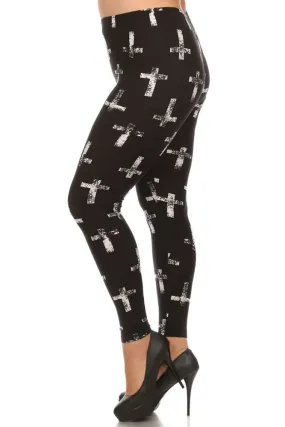 Women's Plus Faded Christian Cross Pattern Print Leggings - Black White