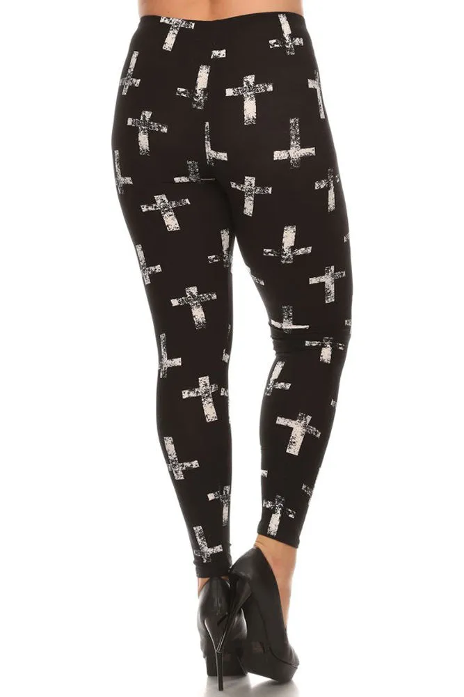 Women's Plus Faded Christian Cross Pattern Print Leggings - Black White