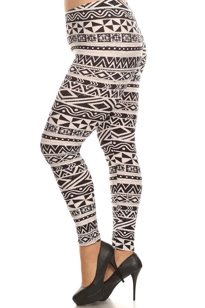 Women's Plus Triangle Pattern and Stripe Print Leggings - White Black