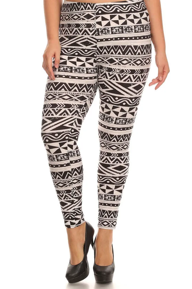 Women's Plus Triangle Pattern and Stripe Print Leggings - White Black