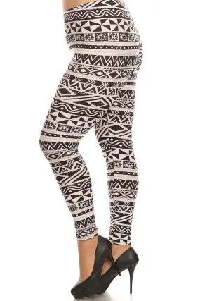 Women's Plus Triangle Pattern and Stripe Print Leggings - White Black