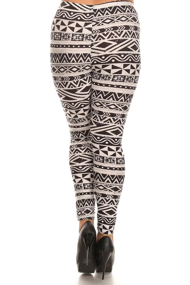 Women's Plus Triangle Pattern and Stripe Print Leggings - White Black