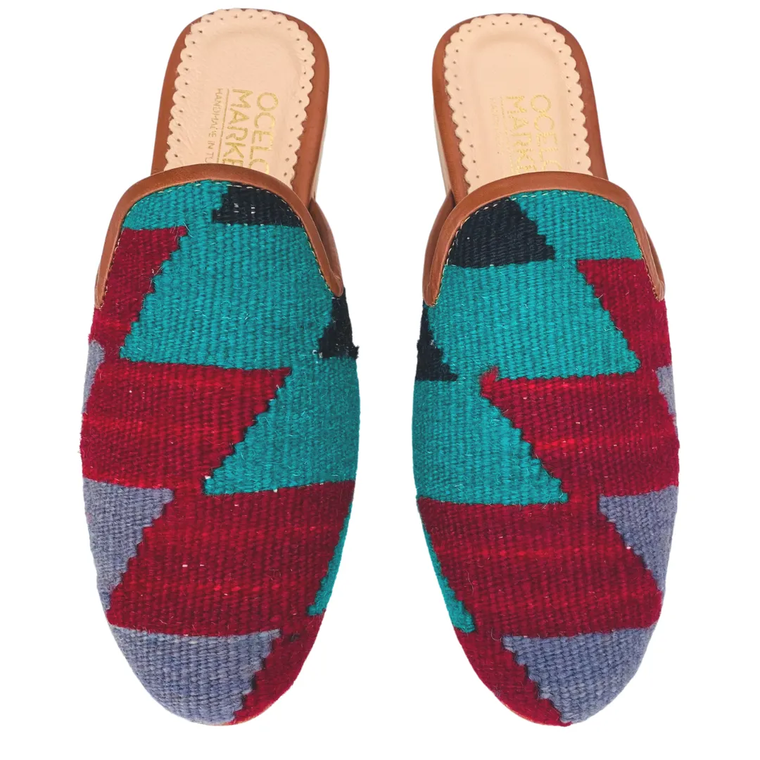 Women's Turkish Kilim Mule Red & Aqua Zig Zag Pattern