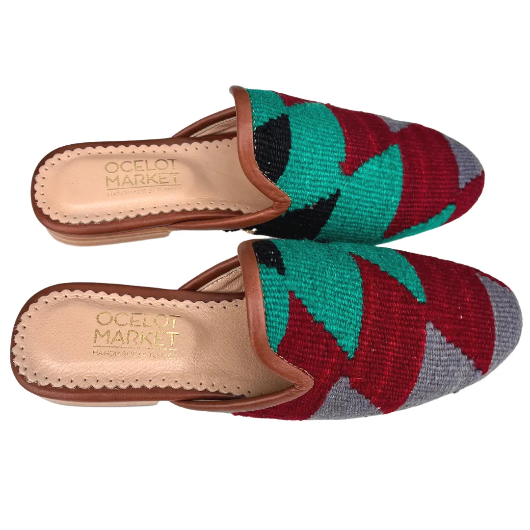 Women's Turkish Kilim Mule Red & Aqua Zig Zag Pattern