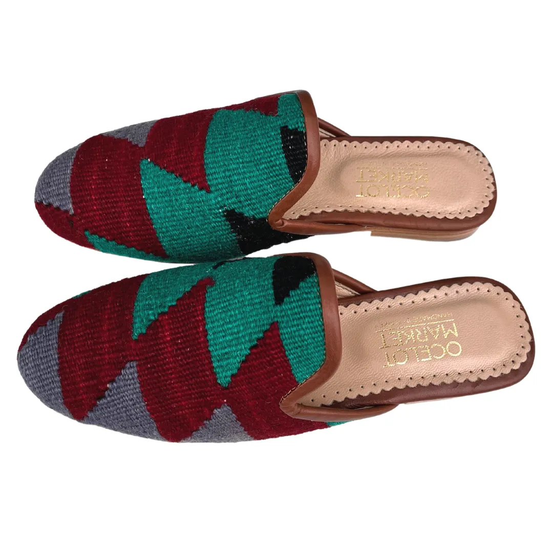 Women's Turkish Kilim Mule Red & Aqua Zig Zag Pattern