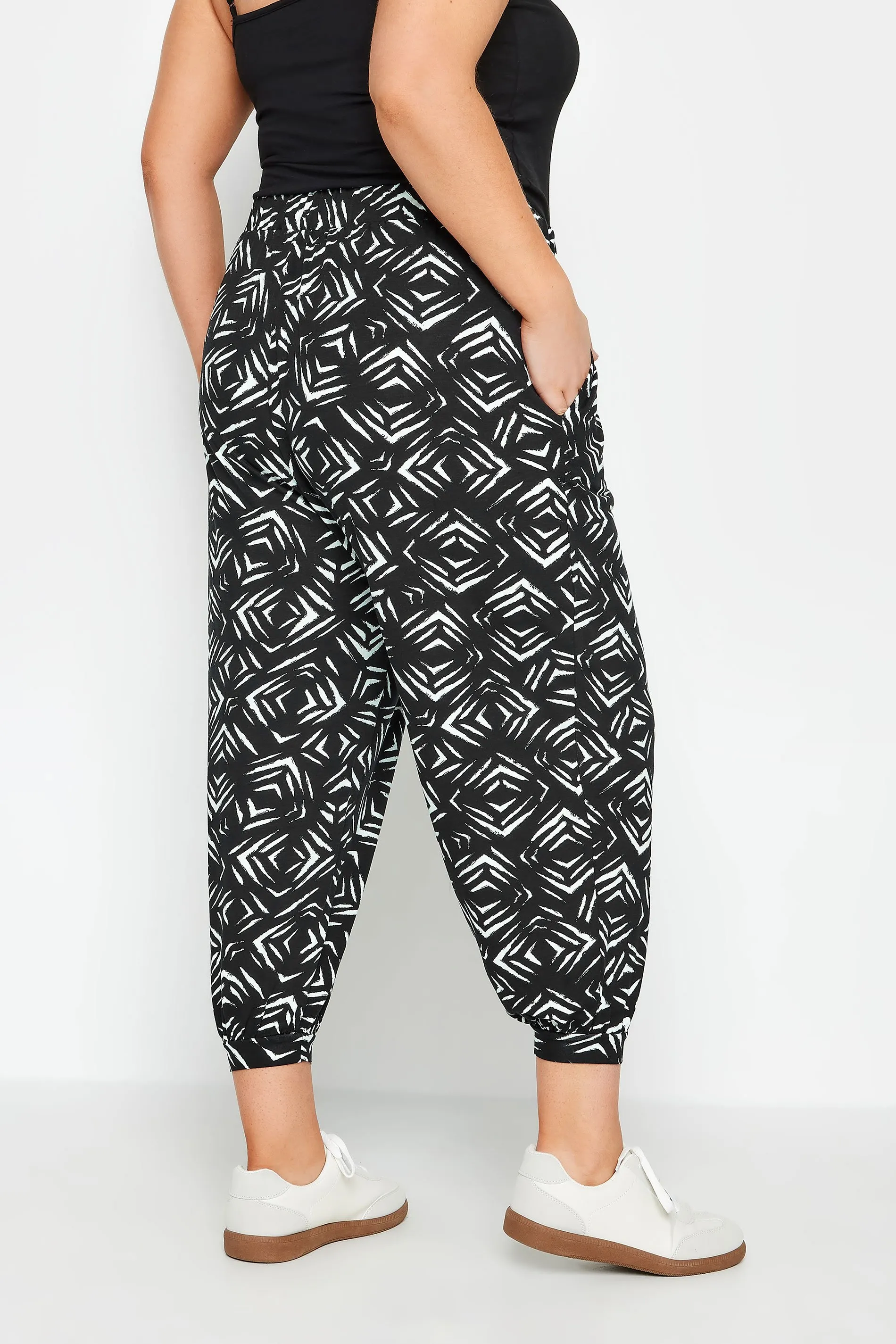 YOURS Curve Black Ikat Print Cropped Harem Trousers