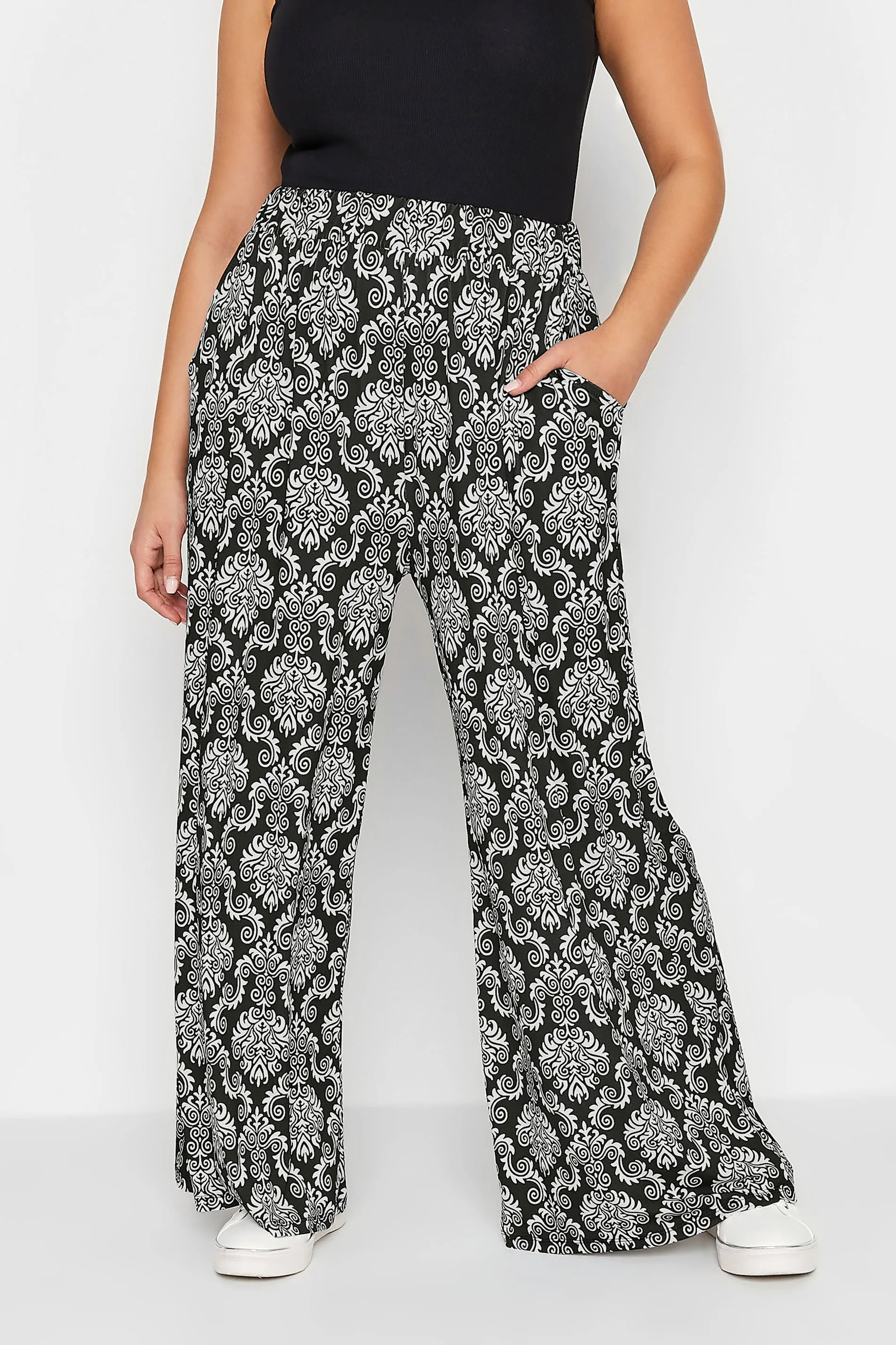 YOURS Curve Black Paisley Print Pull On Wide Leg Trousers