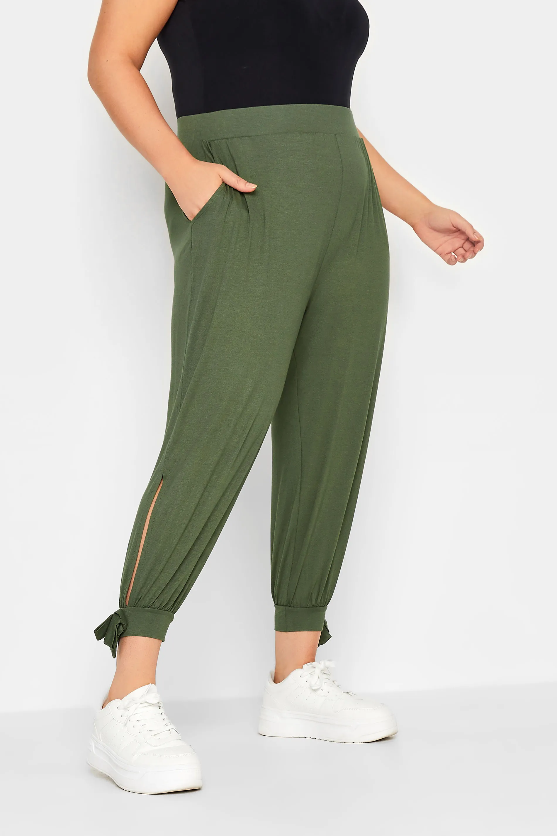 YOURS Curve Green Split Tie Hem Cropped Harem Trousers