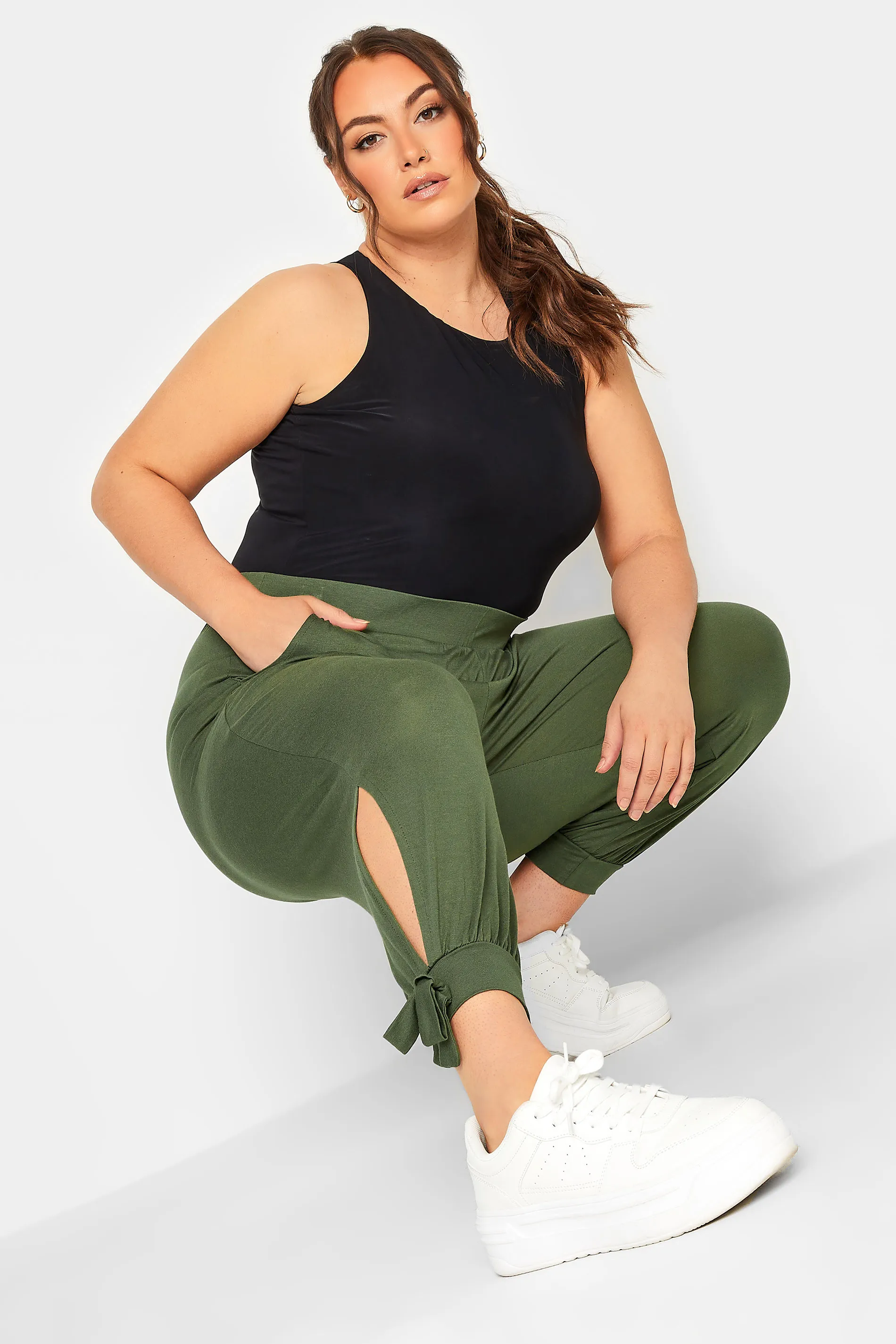 YOURS Curve Green Split Tie Hem Cropped Harem Trousers