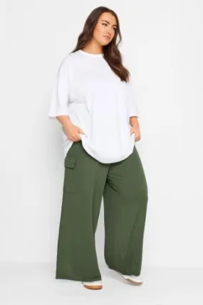 YOURS Curve Khaki Green Jersey Wide Leg Cargo Trousers