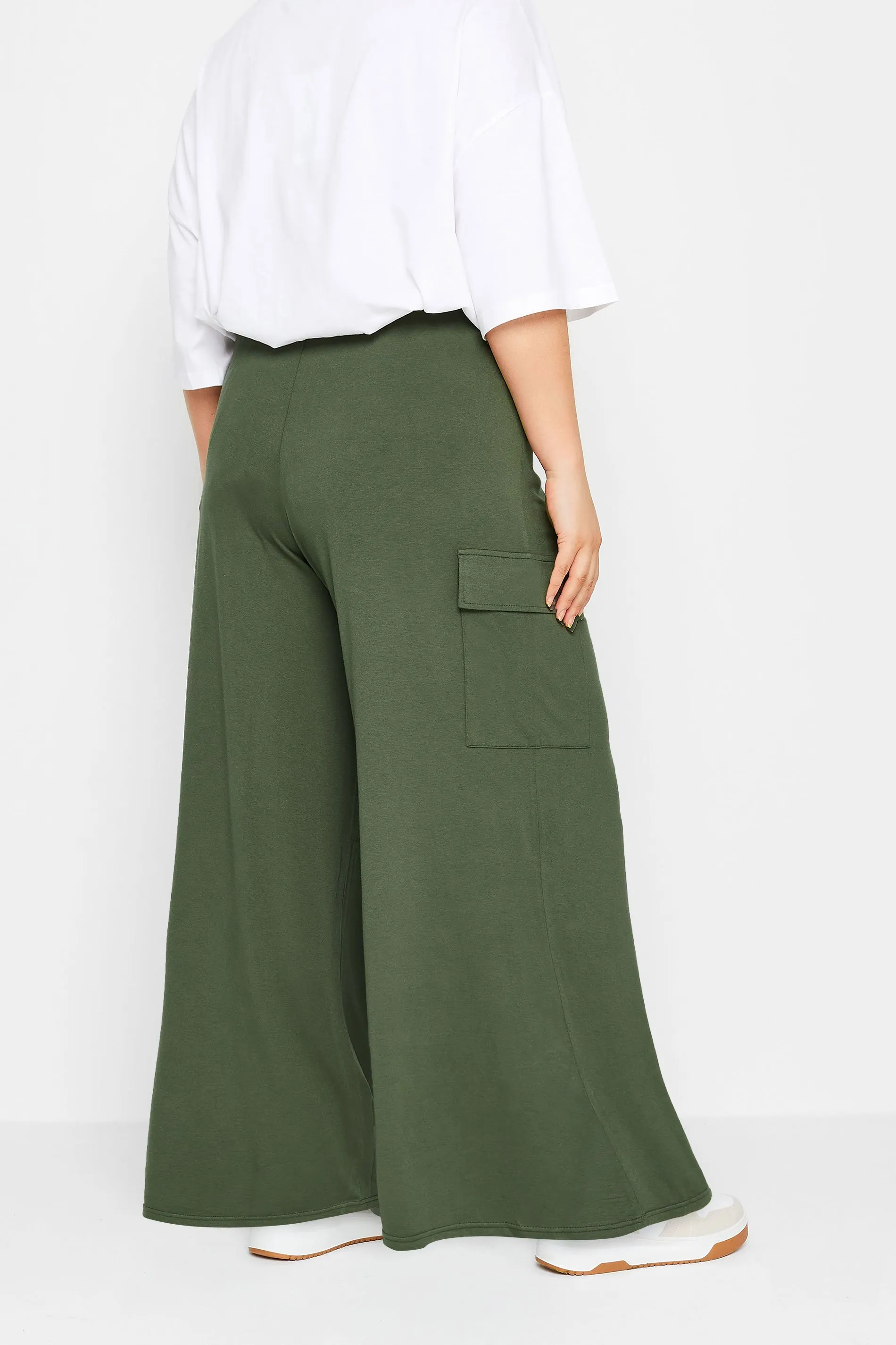 YOURS Curve Khaki Green Jersey Wide Leg Cargo Trousers