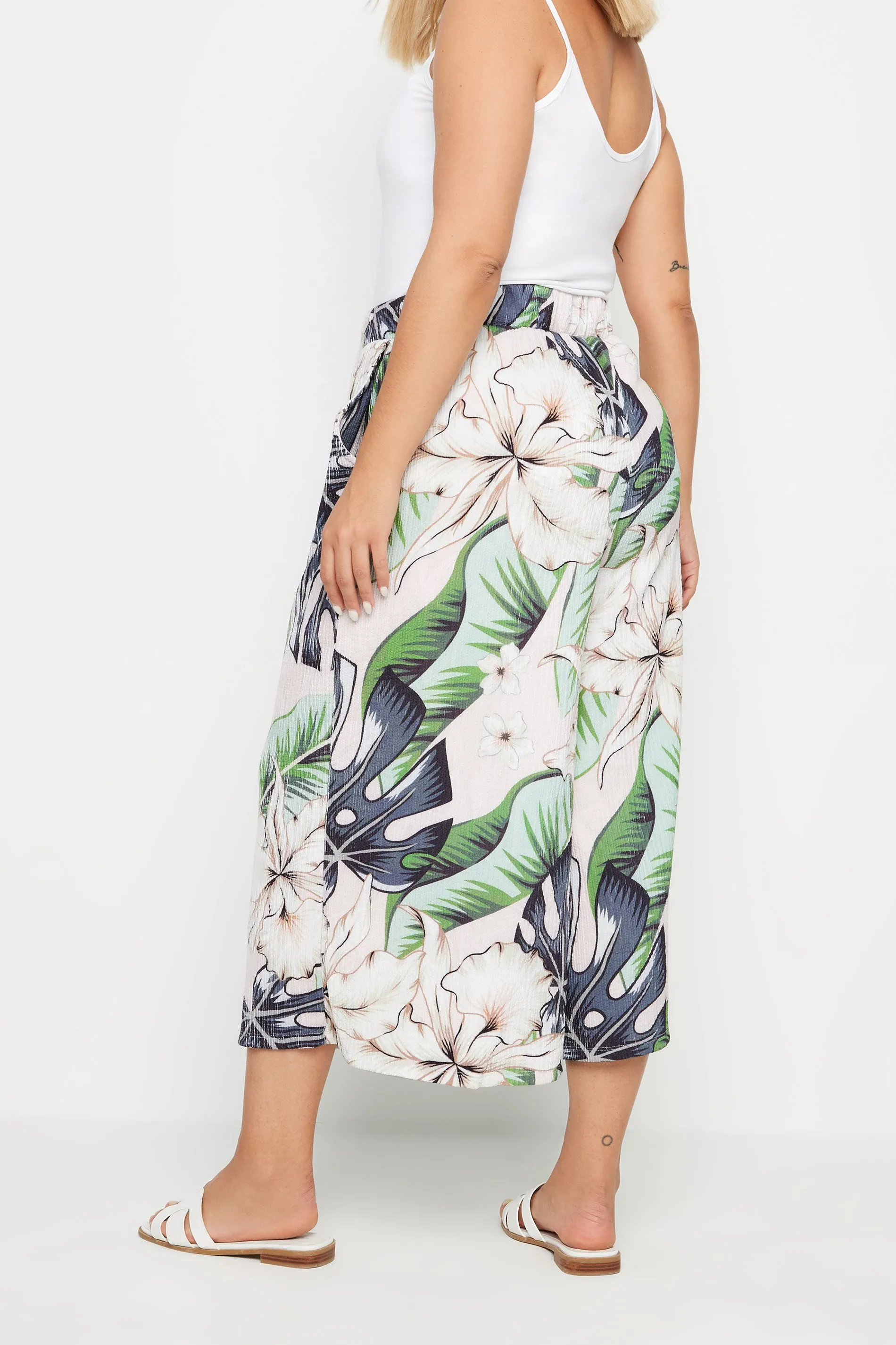 YOURS Curve Pink Tropical Print Wide Leg Cropped Trousers