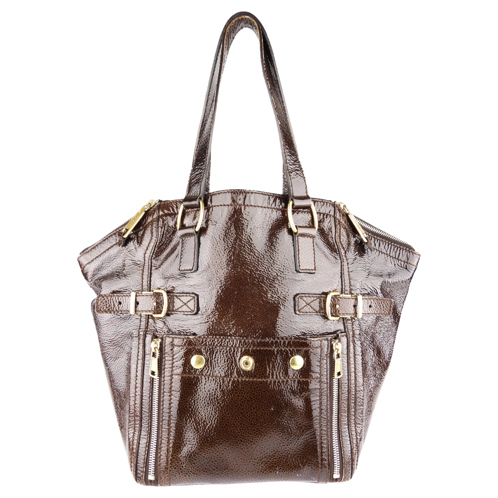 Yves Saint Laurent Brown Patent Leather Downtown Shoulder Tote Bag